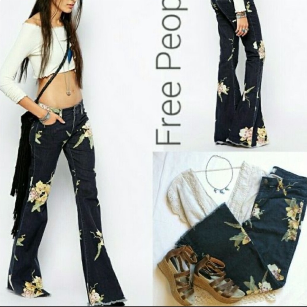 Free People Black Floral Embroidered Flare Jeans